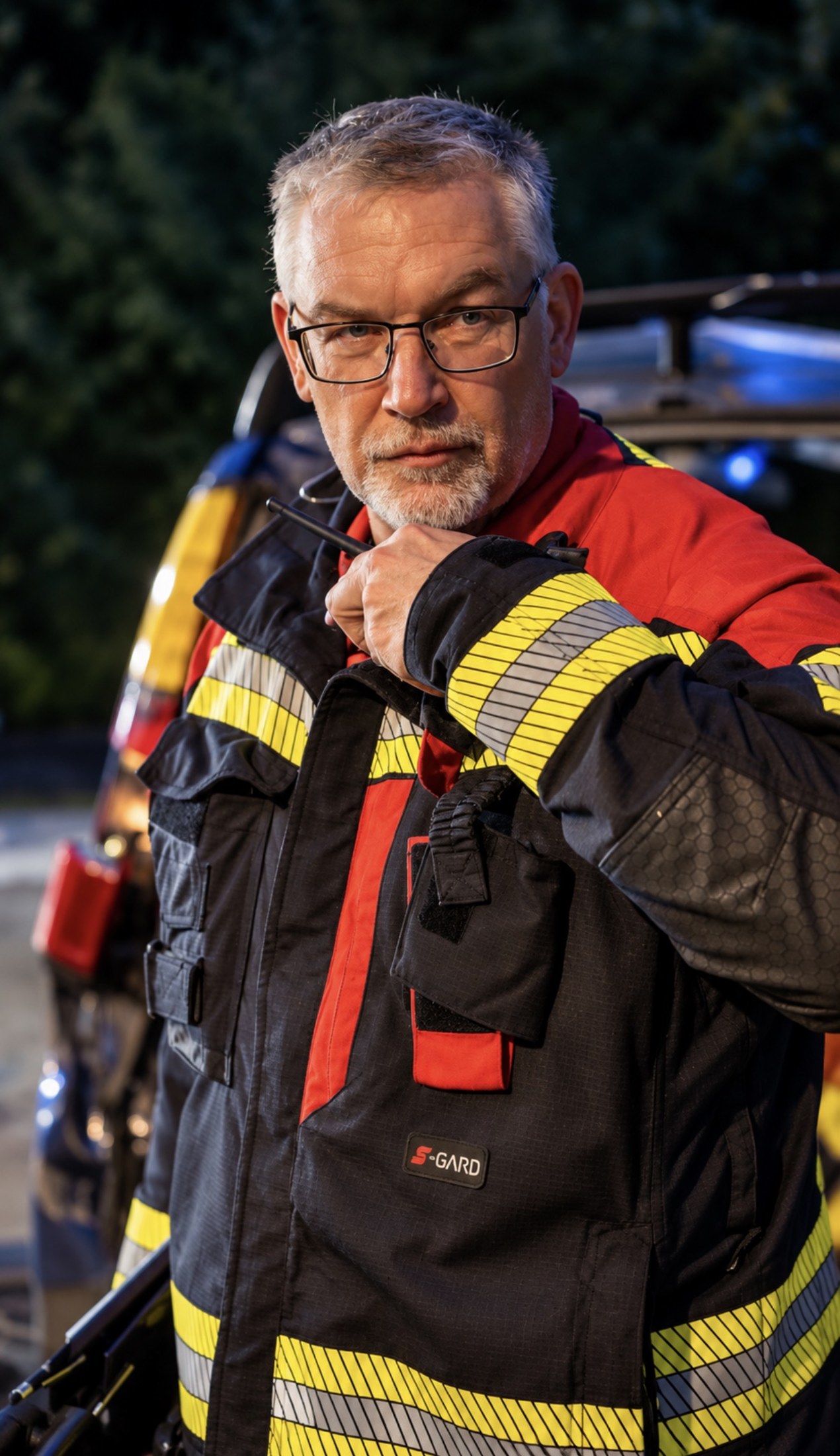 Mann mit Brille in Einsatzkleidung bei einer Abendaufnahme