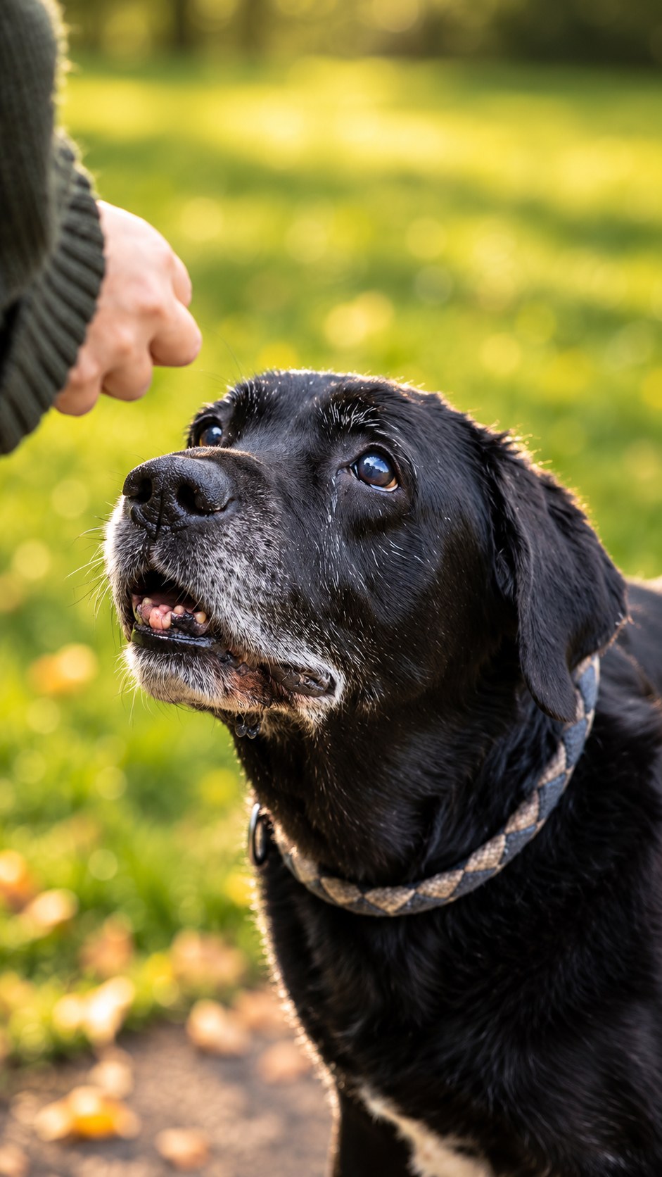 Schwarzer Hund mit Halsband blickt aufmerksam nach oben